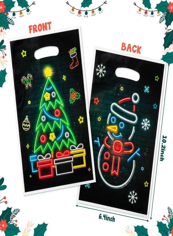 ANGOLIO 50Pcs Christmas Glow in the Dark Favors Bags Print Christmas Tree Snowman Candy Treat Bags with Handles Plastic Gifts Snack Bags Party Favor Supplies Back to School for Kids - Image 2